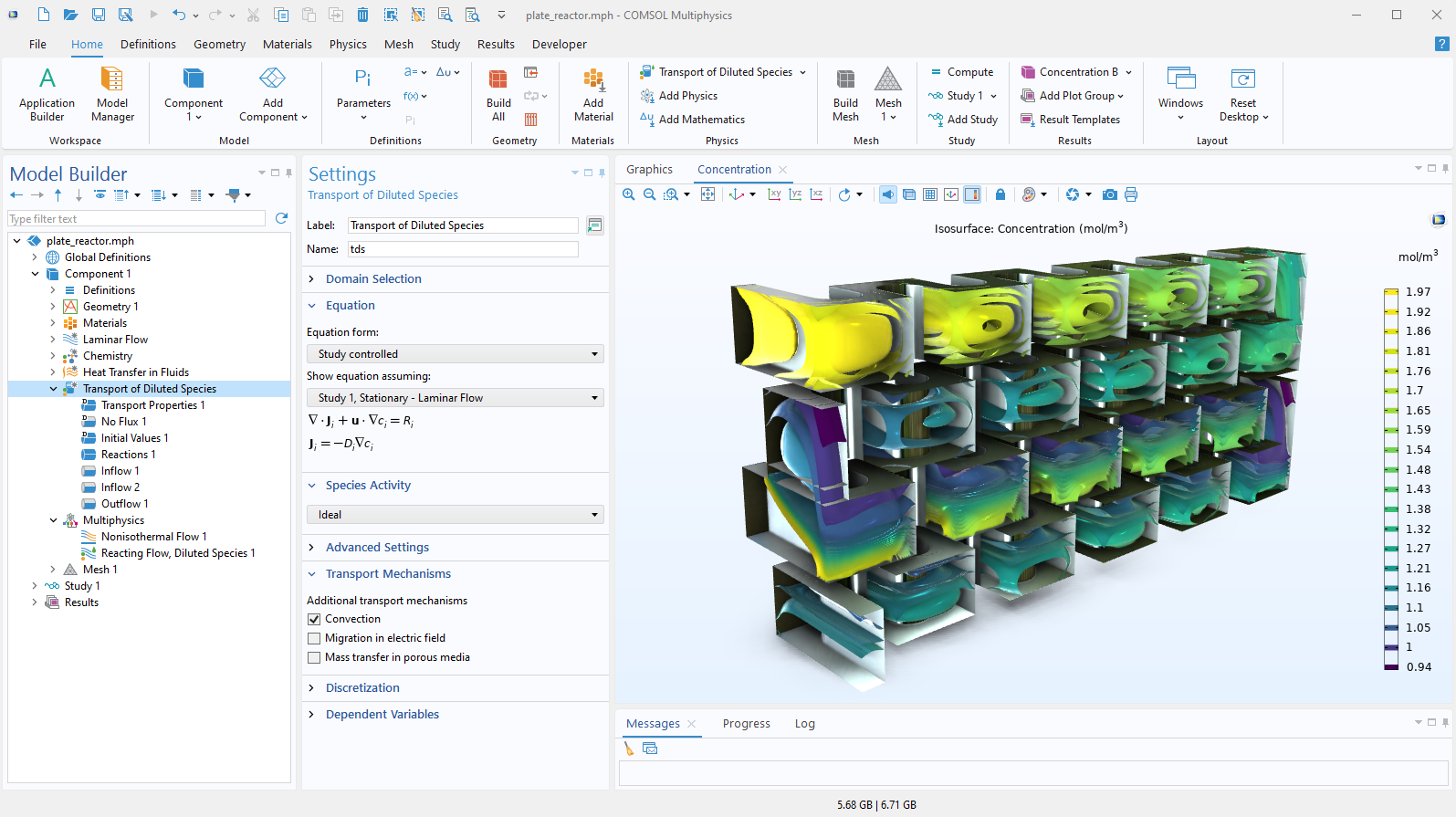 The COMSOL Multiphysics UI showing the Model Builder with the Transport of Diluted Species node highlighted, the corresponding Settings window, and a plate reactor model in the Graphics window.